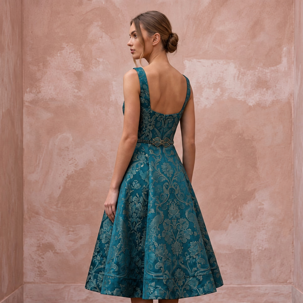 Teal Floral Jacquard Square Neck Fit - and - Flare Cocktail Dress - Apparel & Accessories > Clothing > Wedding & Bridal Party Dresses > Wedding Dresses - Mignonette Bridal