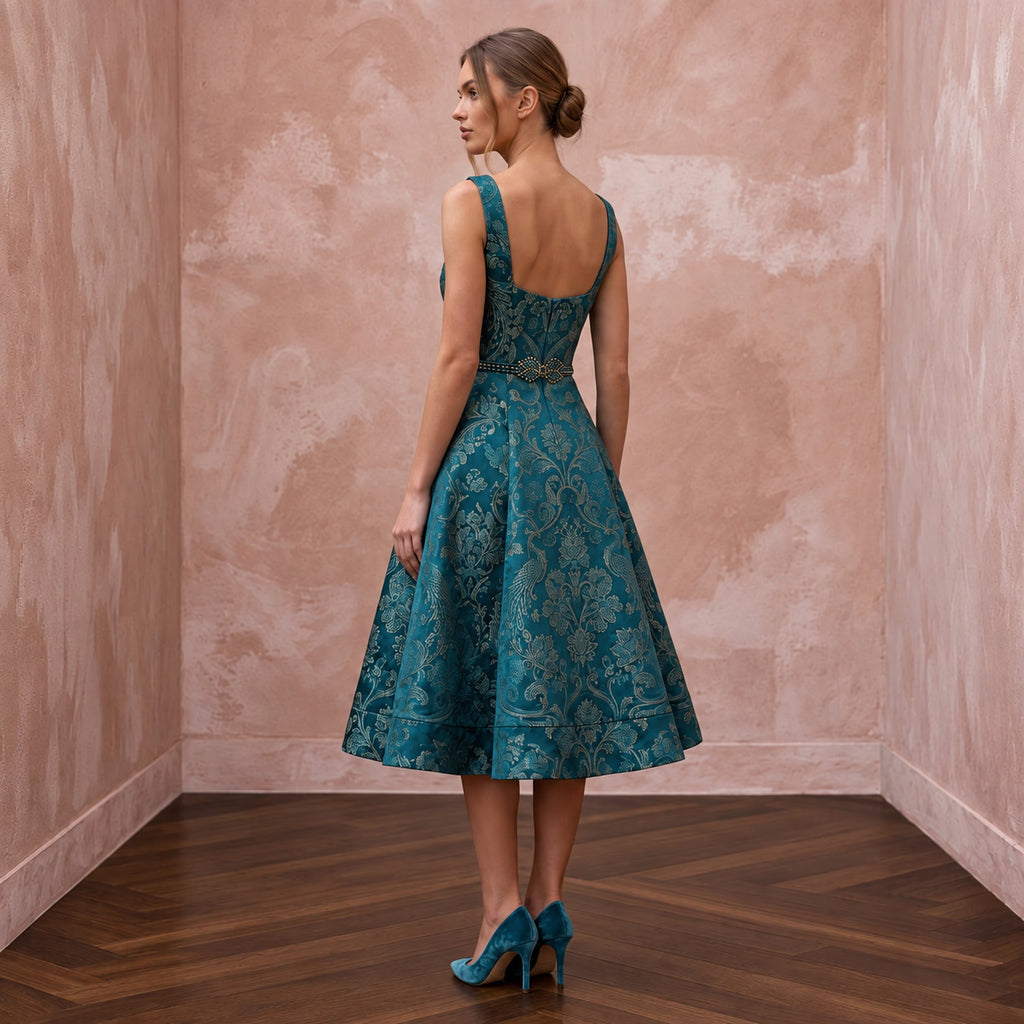 Teal Floral Jacquard Square Neck Fit - and - Flare Cocktail Dress - Apparel & Accessories > Clothing > Wedding & Bridal Party Dresses > Wedding Dresses - Mignonette Bridal