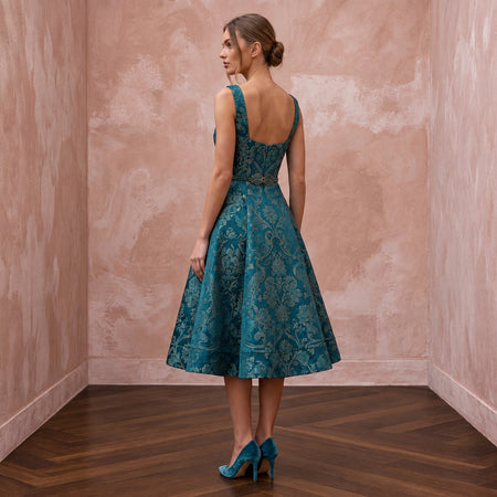Teal Floral Jacquard Square Neck Fit - and - Flare Cocktail Dress - Apparel & Accessories > Clothing > Wedding & Bridal Party Dresses > Wedding Dresses - Mignonette Bridal