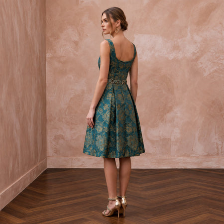 Teal Floral Jacquard Square Neck Fit-and-Flare Cocktail Dress