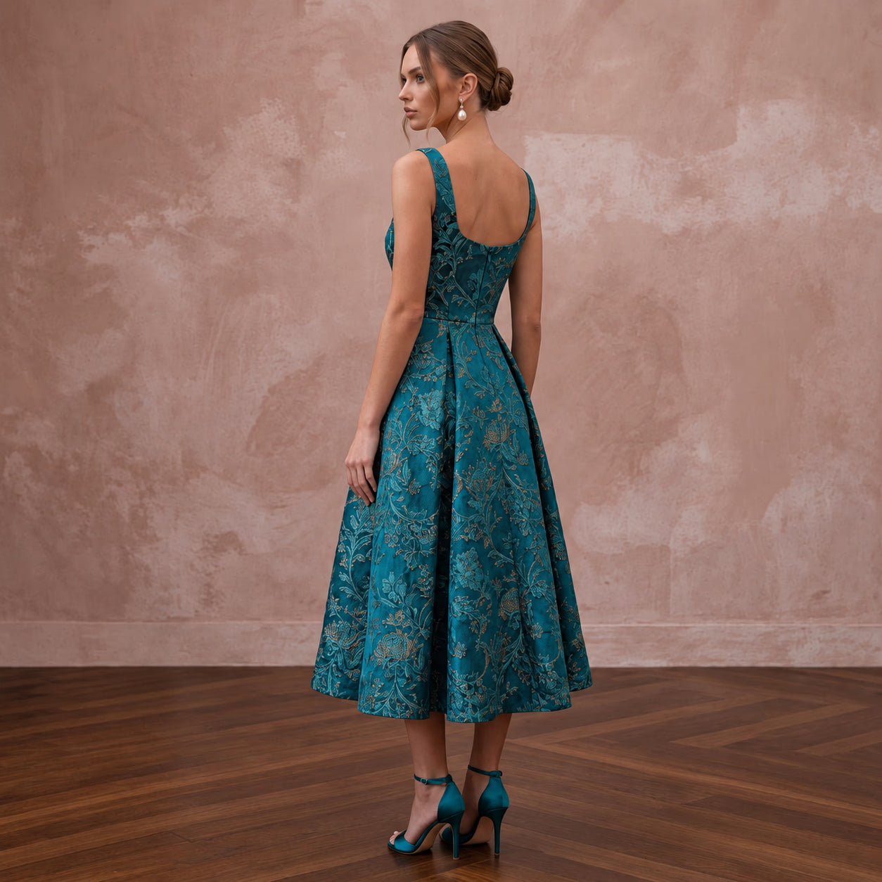 Teal Floral Jacquard Square Neck Fit-and-Flare Cocktail Dress Secondary image