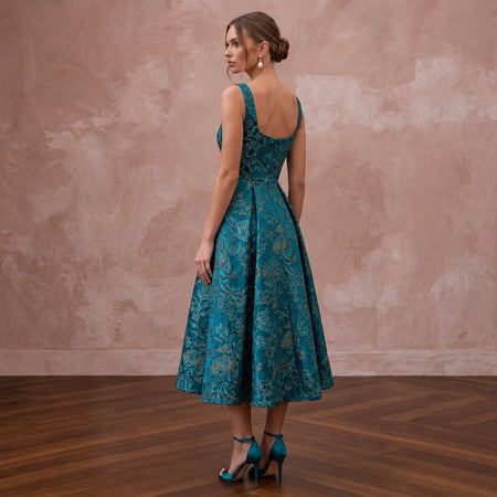 Teal Floral Jacquard Square Neck Fit-and-Flare Cocktail Dress