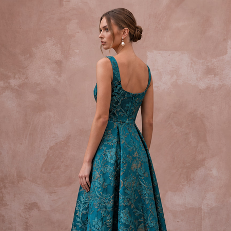 Teal Floral Jacquard Square Neck Fit-and-Flare Cocktail Dress