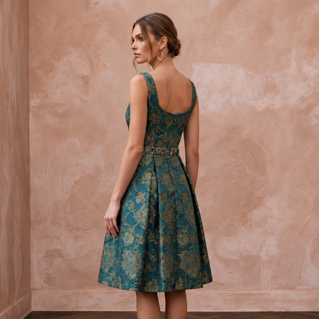 Teal Floral Jacquard Square Neck Fit-and-Flare Cocktail Dress
