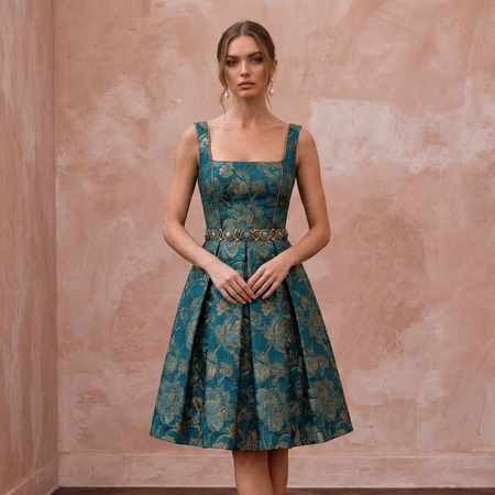 Teal Floral Jacquard Square Neck Fit-and-Flare Cocktail Dress