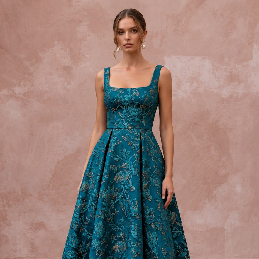 Teal Floral Jacquard Square Neck Fit-and-Flare Cocktail Dress