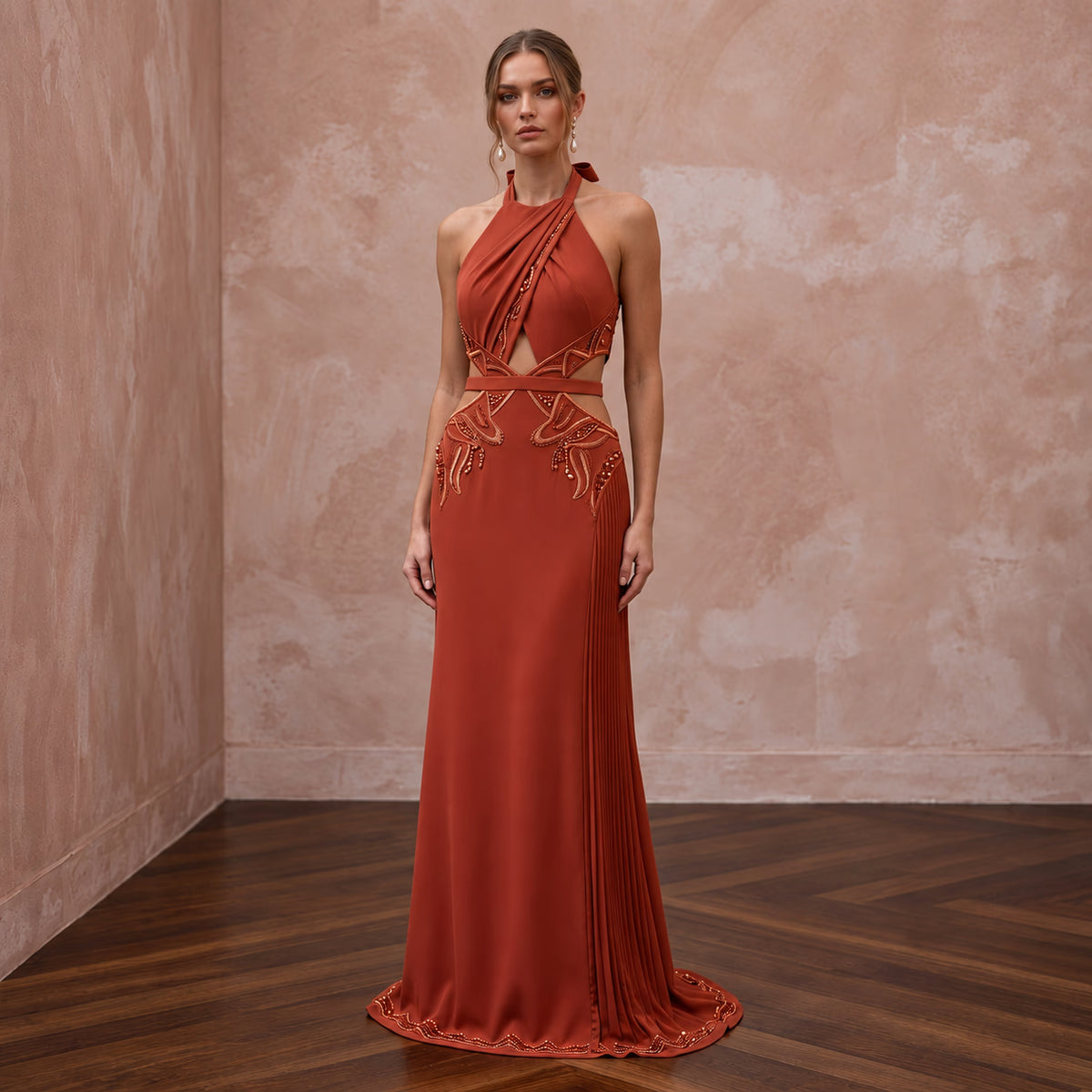 Terracotta Matte Crepe Cut-Out Waist Halter Evening Dress
