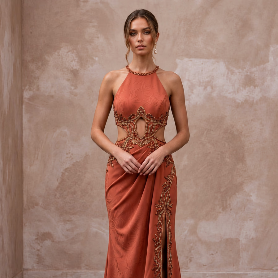 Terracotta Matte Crepe Cut - Out Waist Halter Evening Dress - Apparel & Accessories > Clothing > Wedding & Bridal Party Dresses > Wedding Dresses - Mignonette Bridal