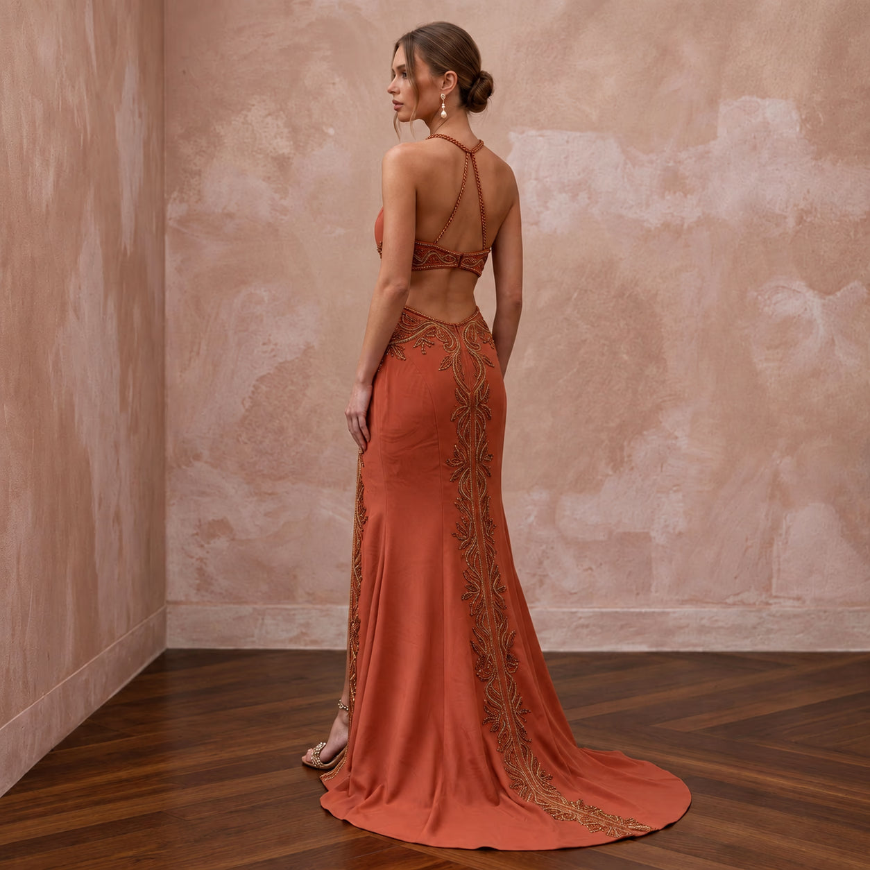 Terracotta Matte Crepe Cut-Out Waist Halter Evening Dress Secondary image