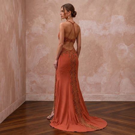 Terracotta Matte Crepe Cut - Out Waist Halter Evening Dress - Apparel & Accessories > Clothing > Wedding & Bridal Party Dresses > Wedding Dresses - Mignonette Bridal