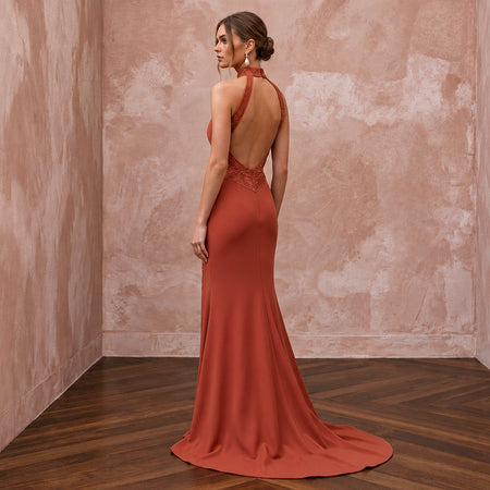 Terracotta Matte Crepe Cut-Out Waist Halter Evening Dress