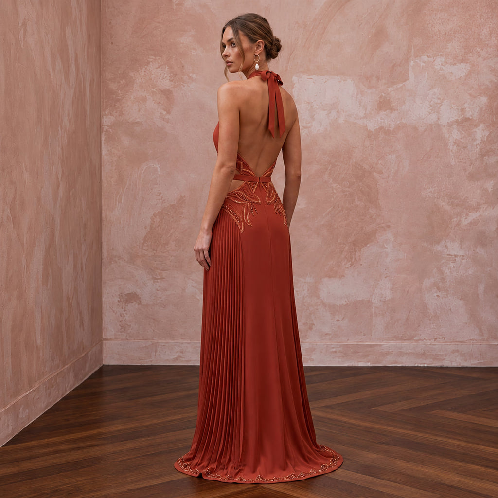 Terracotta Matte Crepe Cut-Out Waist Halter Evening Dress