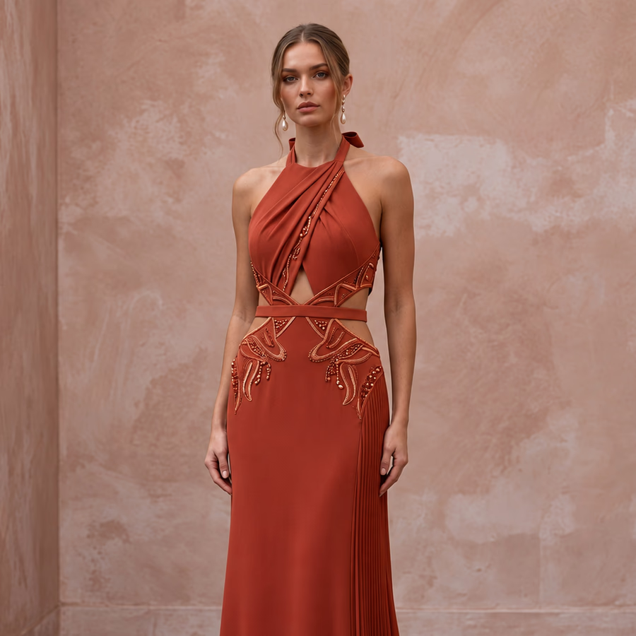 Terracotta Matte Crepe Cut-Out Waist Halter Evening Dress