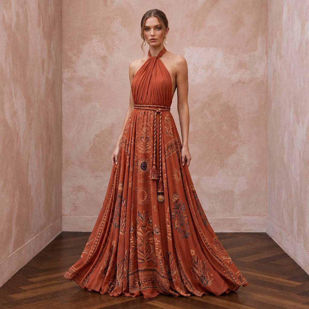 Terracotta Silk Chiffon Halter Neck Backless Summer Evening Maxi