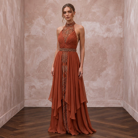 Terracotta Silk Chiffon Halter Neck Backless Summer Evening Maxi