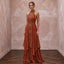 Terracotta Silk Chiffon Halter Neck Backless Summer Evening Maxi