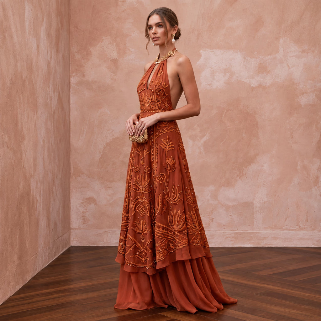 Terracotta Silk Chiffon Halter Neck Backless Summer Evening Maxi