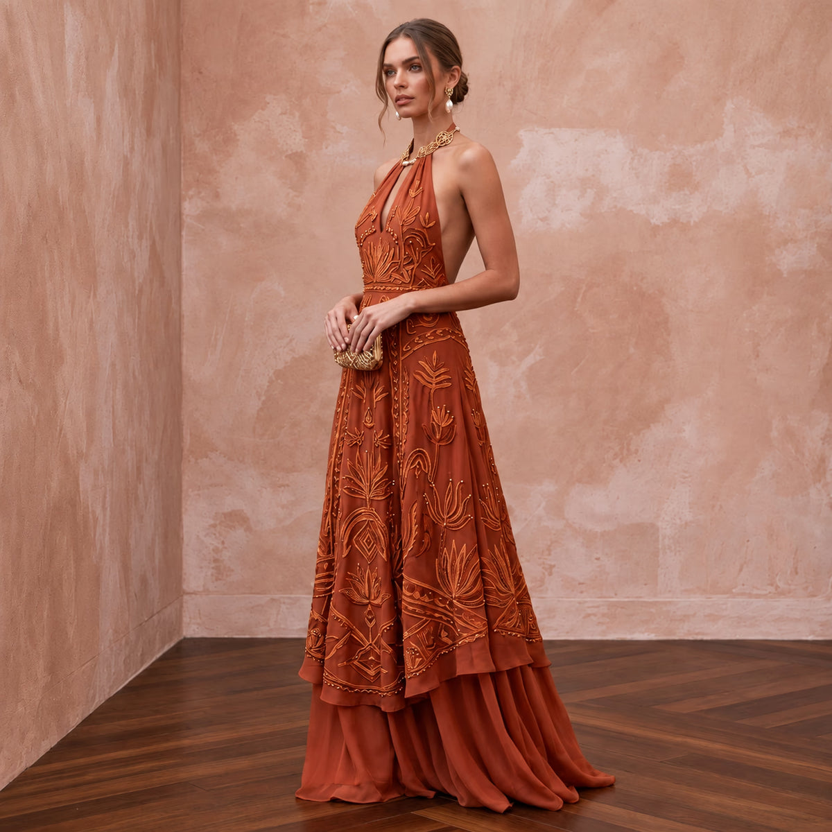 Terracotta Silk Chiffon Halter Neck Backless Summer Evening Maxi