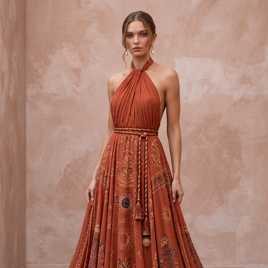 Terracotta Silk Chiffon Halter Neck Backless Summer Evening Maxi