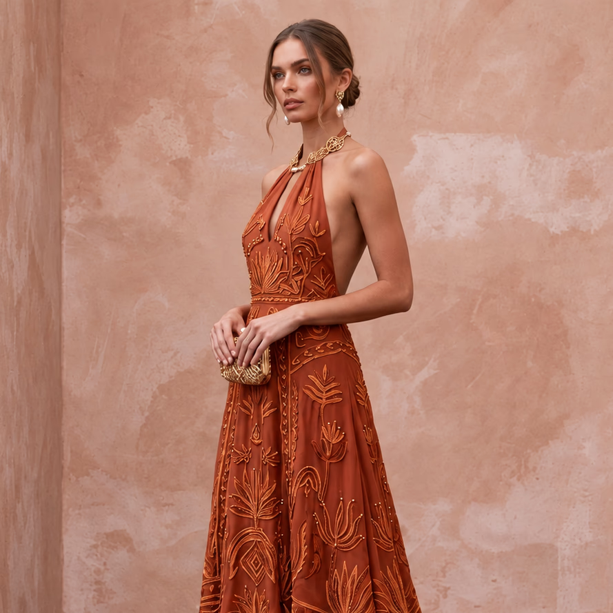 Terracotta Silk Chiffon Halter Neck Backless Summer Evening Maxi