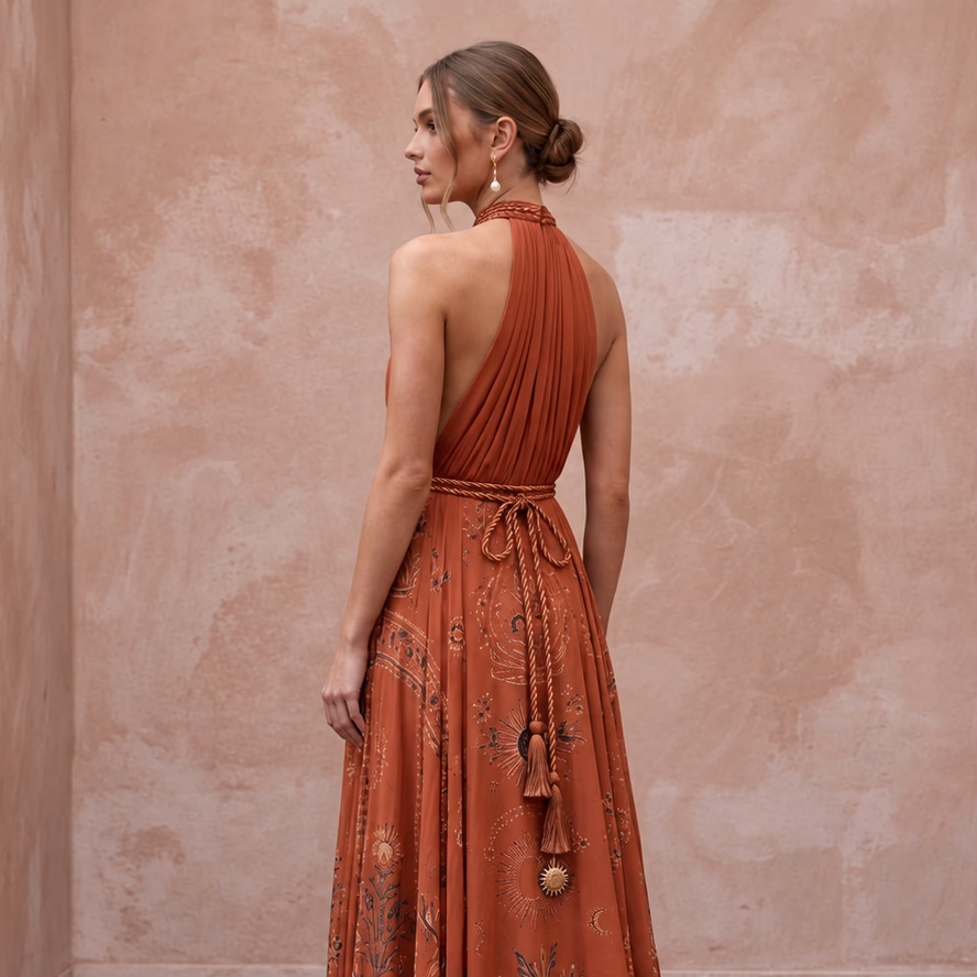Terracotta Silk Chiffon Halter Neck Backless Summer Evening Maxi