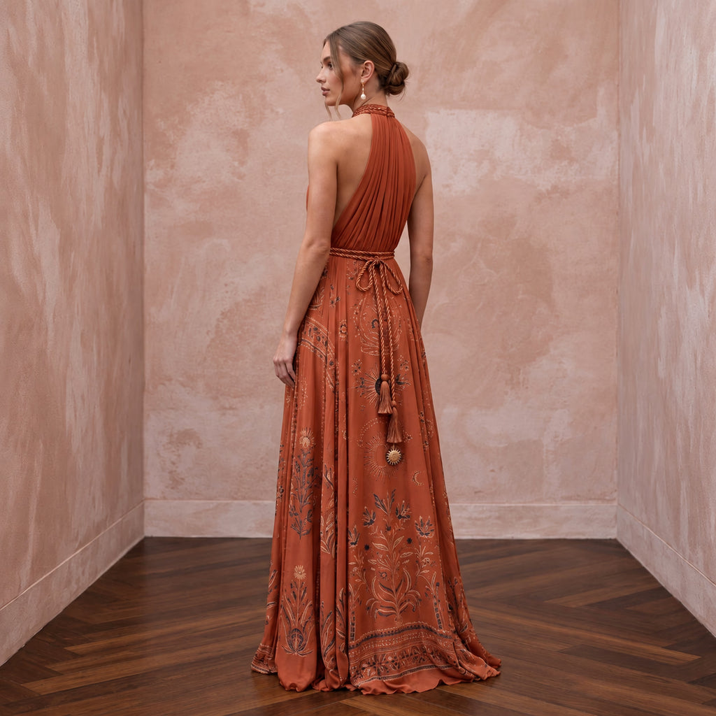 Terracotta Silk Chiffon Halter Neck Backless Summer Evening Maxi