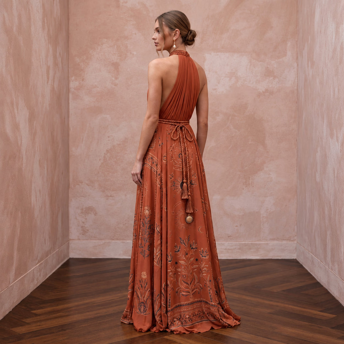 Terracotta Silk Chiffon Halter Neck Backless Summer Evening Maxi
