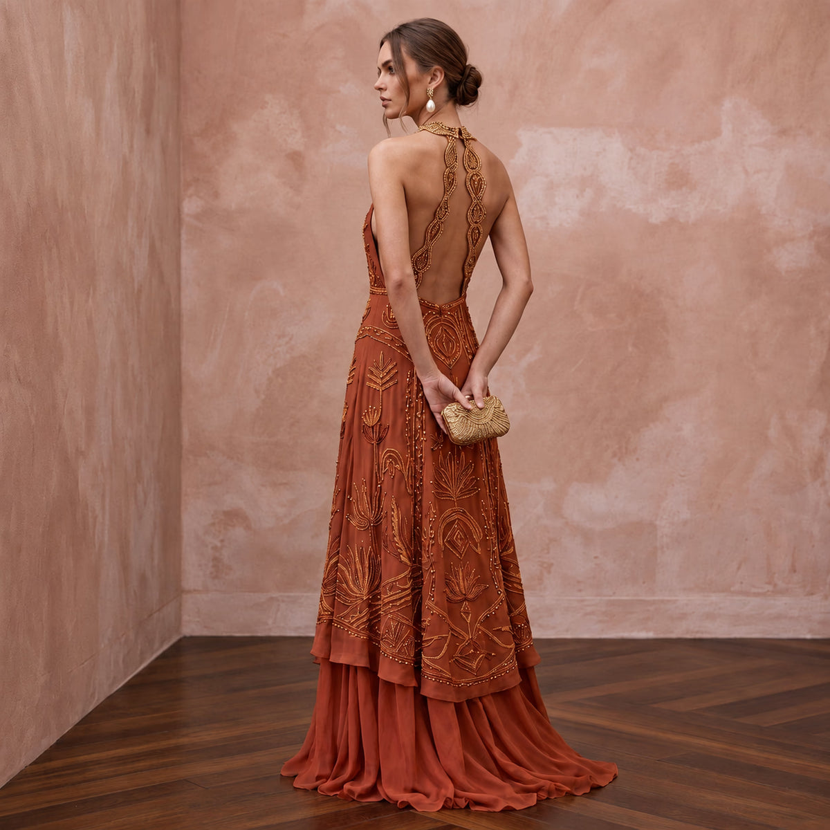 Terracotta Silk Chiffon Halter Neck Backless Summer Evening Maxi