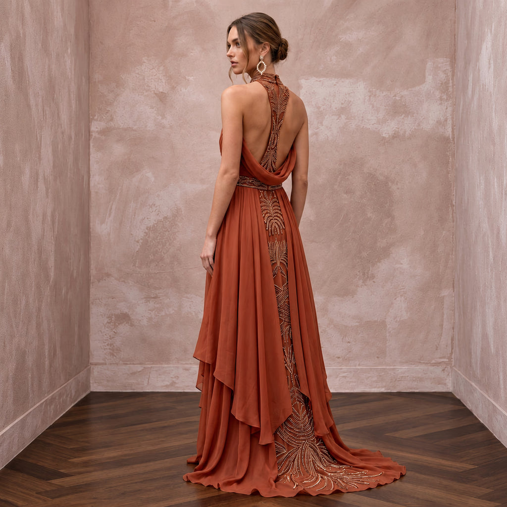 Terracotta Silk Chiffon Halter Neck Backless Summer Evening Maxi