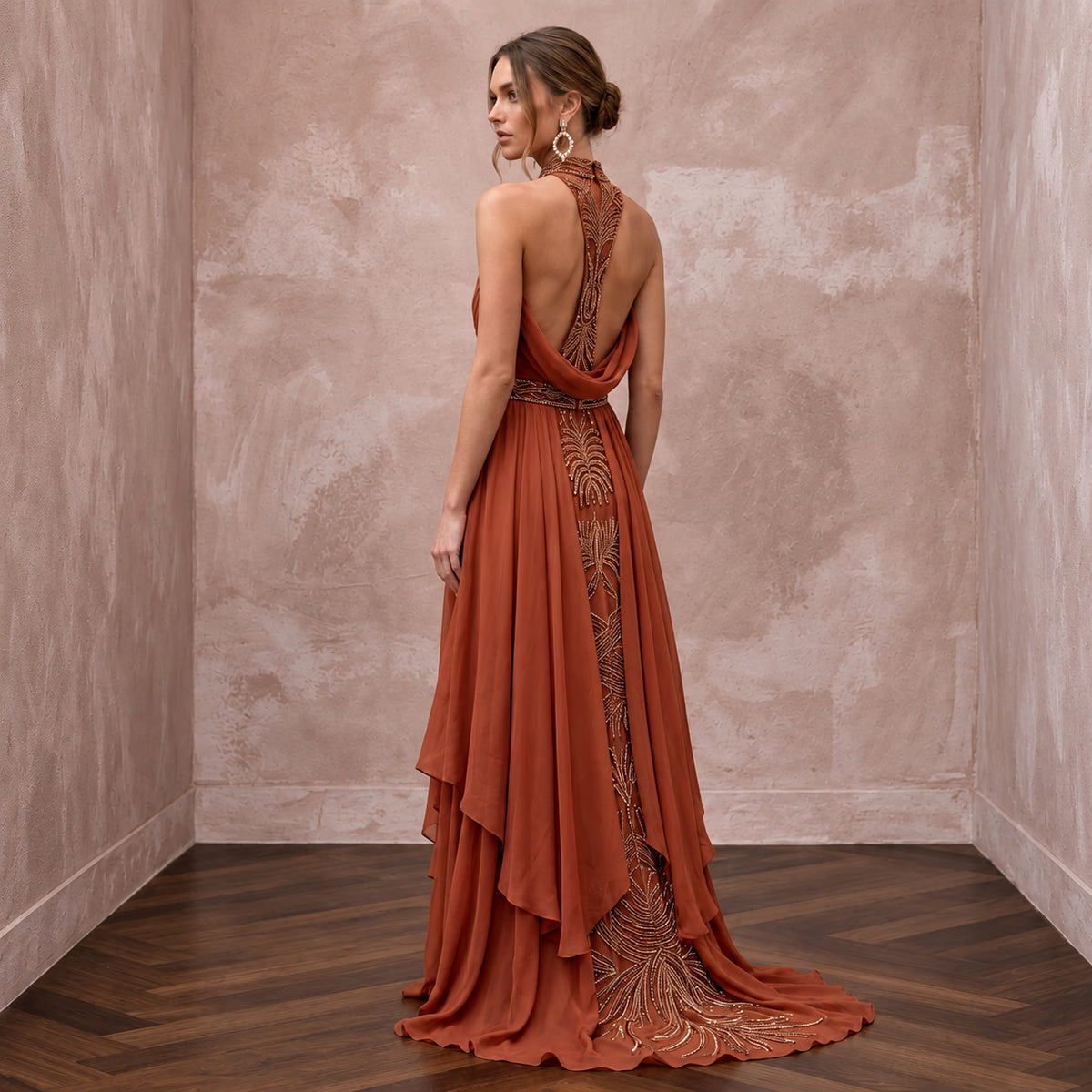 Terracotta Silk Chiffon Halter Neck Backless Summer Evening Maxi