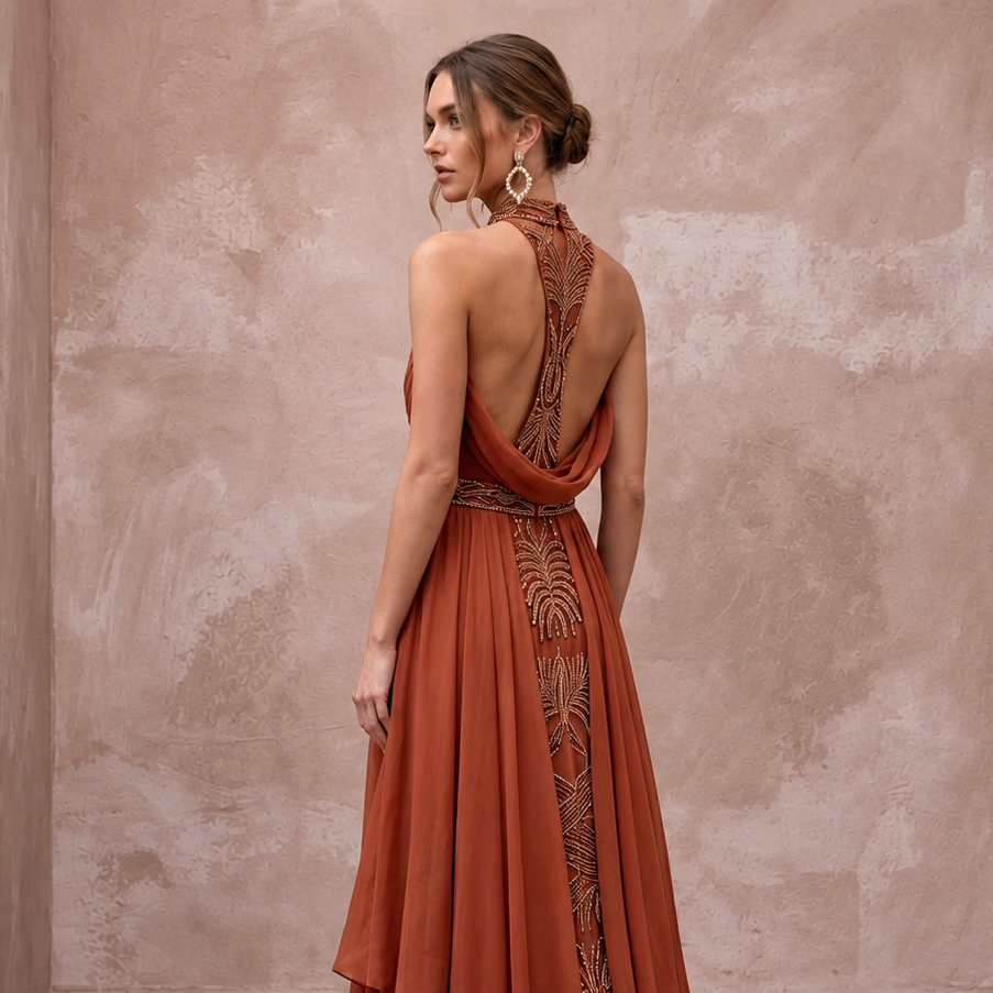 Terracotta Silk Chiffon Halter Neck Backless Summer Evening Maxi