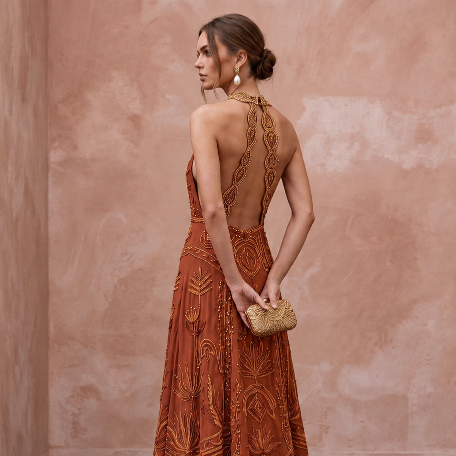 Terracotta Silk Chiffon Halter Neck Backless Summer Evening Maxi