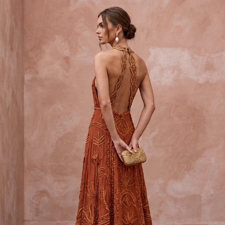 Terracotta Silk Chiffon Halter Neck Backless Summer Evening Maxi