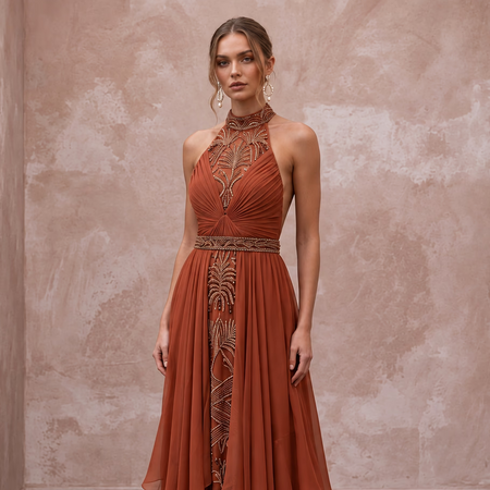 Terracotta Silk Chiffon Halter Neck Backless Summer Evening Maxi
