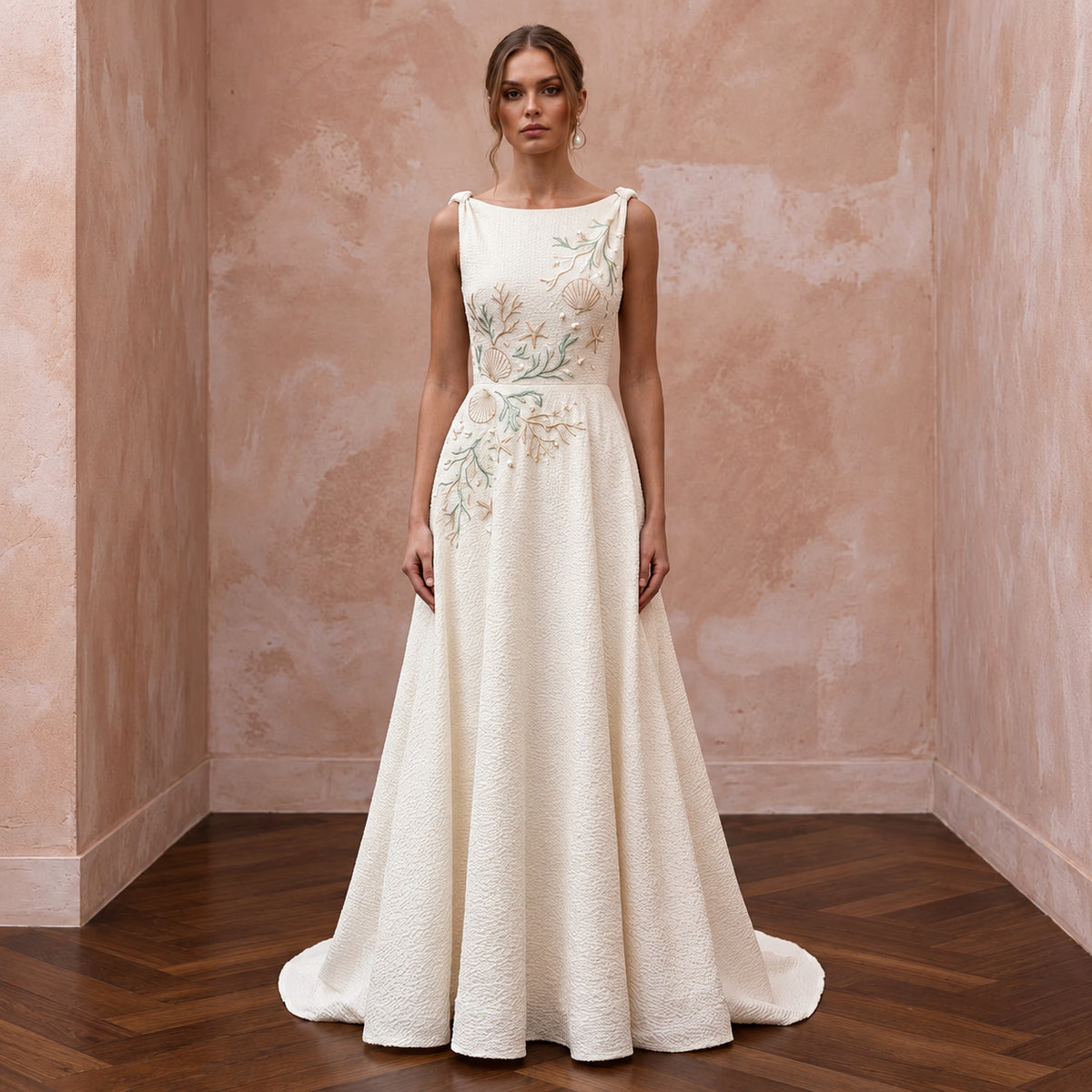 Textured Cream Seersucker A-Line Bridal Dress for Coastal Rehearsal Brunch