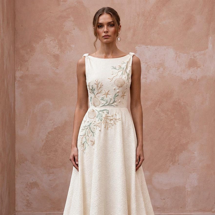 Textured Cream Seersucker A-Line Bridal Dress for Coastal Rehearsal Brunch