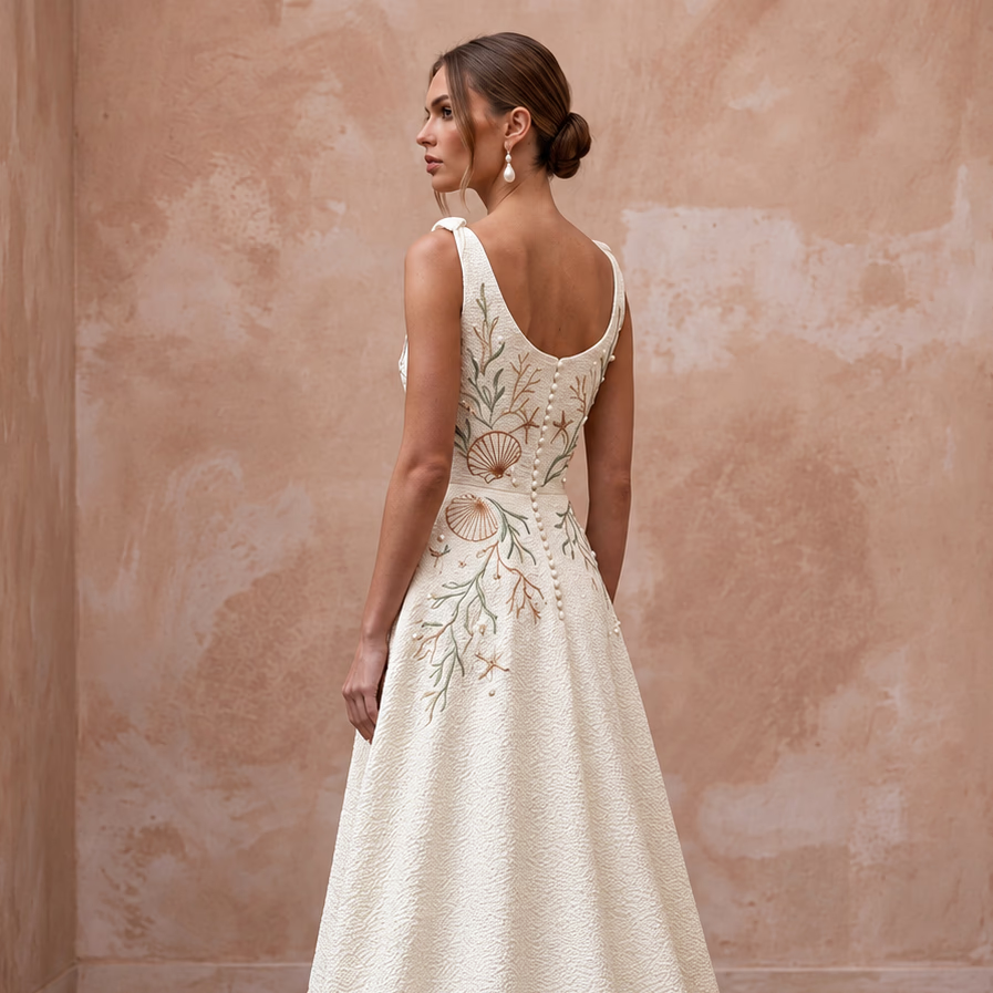 Textured Cream Seersucker A-Line Bridal Dress for Coastal Rehearsal Brunch