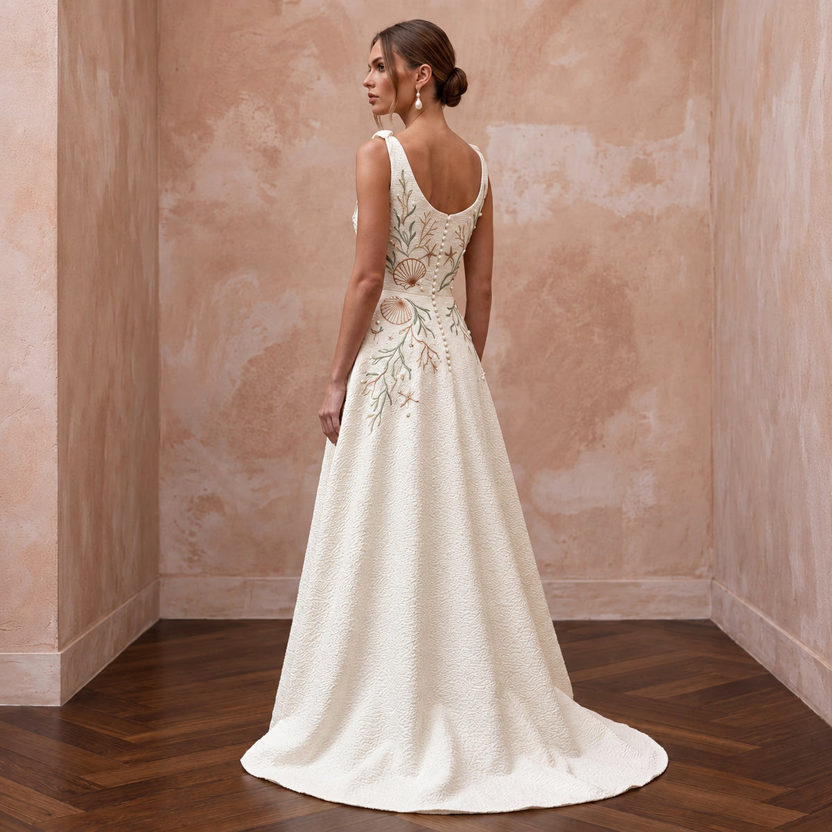 Textured Cream Seersucker A-Line Bridal Dress for Coastal Rehearsal Brunch