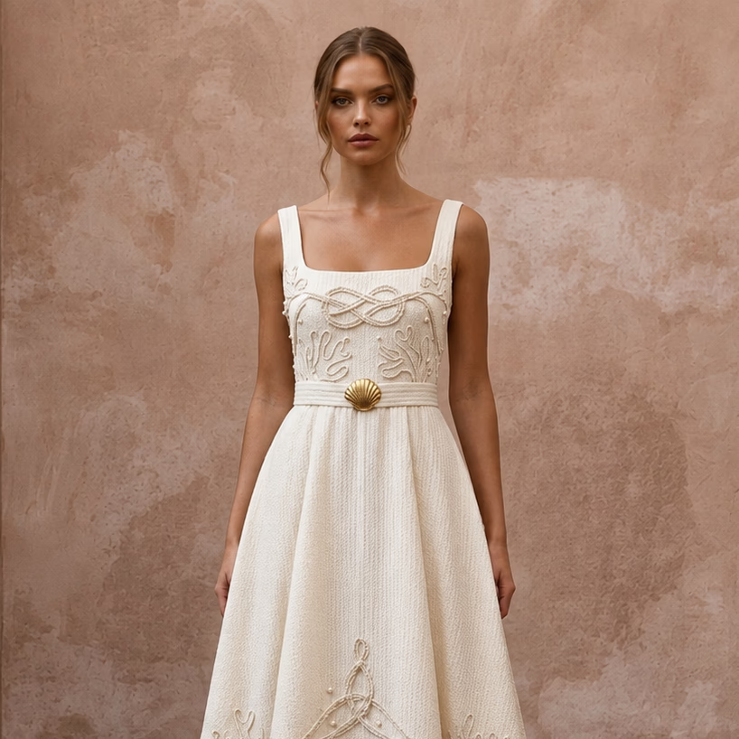 Textured Cream Seersucker A - Line for Coastal Rehearsal Brunch - Apparel & Accessories > Clothing > Wedding & Bridal Party Dresses > Wedding Dresses - Mignonette Bridal