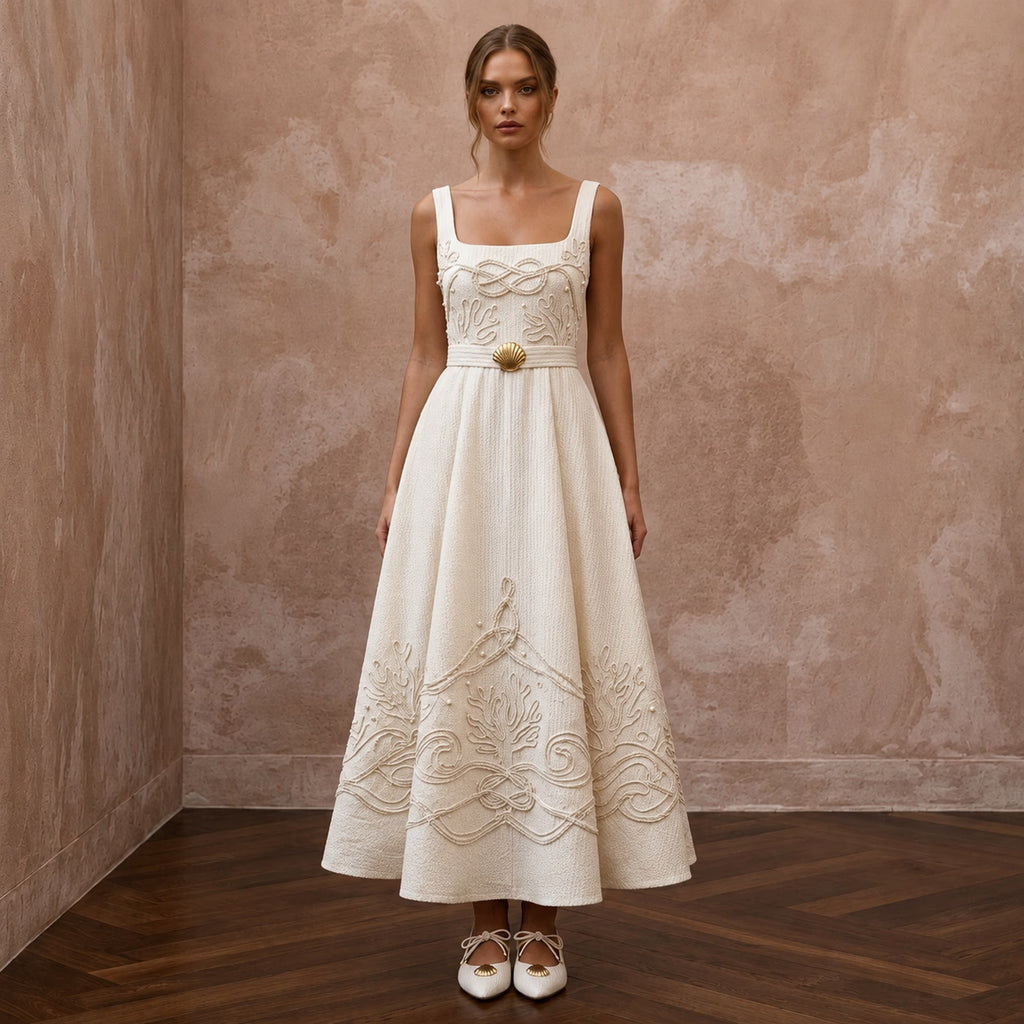Textured Cream Seersucker A - Line for Coastal Rehearsal Brunch - Apparel & Accessories > Clothing > Wedding & Bridal Party Dresses > Wedding Dresses - Mignonette Bridal