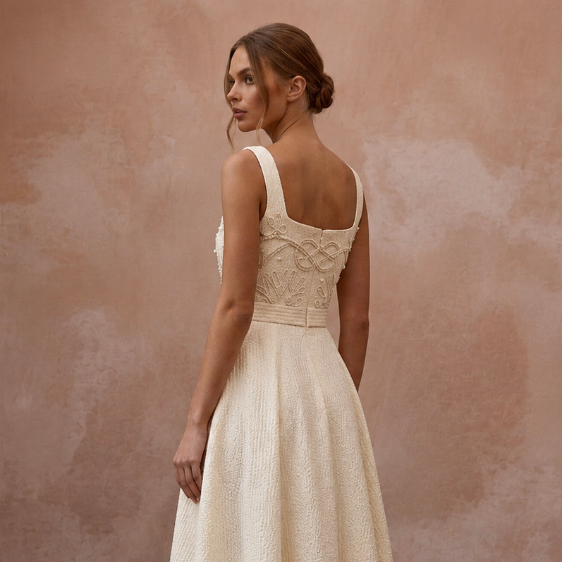 Textured Cream Seersucker A-Line for Coastal Rehearsal Brunch
