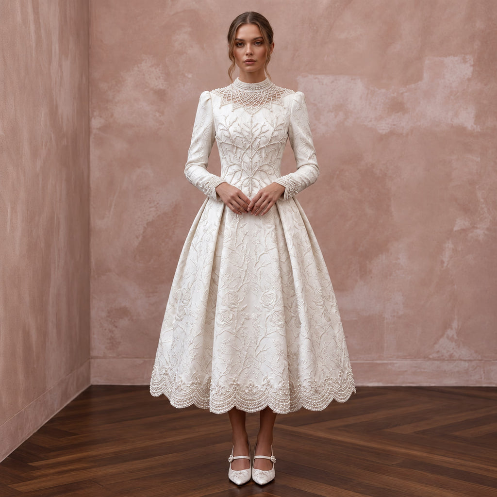 Textured Off-White Brocade Tea-Length Bridal Gown for Winter Rehearsal