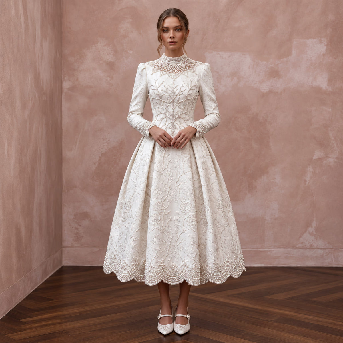 Textured Off-White Brocade Tea-Length Bridal Gown for Winter Rehearsal