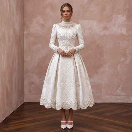 Textured Off-White Brocade Tea-Length Bridal Gown for Winter Rehearsal