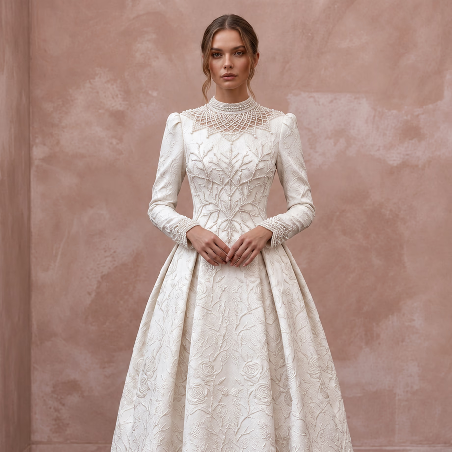 Textured Off-White Brocade Tea-Length Bridal Gown for Winter Rehearsal