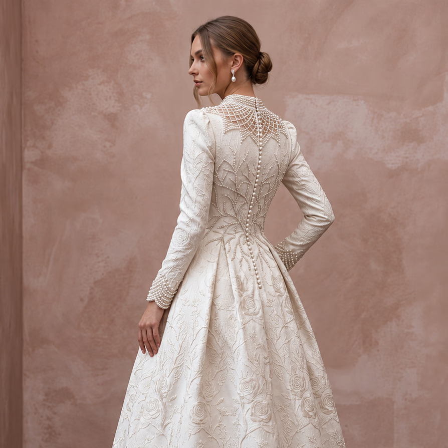 Textured Off-White Brocade Tea-Length Bridal Gown for Winter Rehearsal