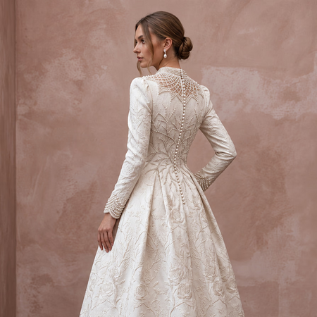 Textured Off-White Brocade Tea-Length Bridal Gown for Winter Rehearsal