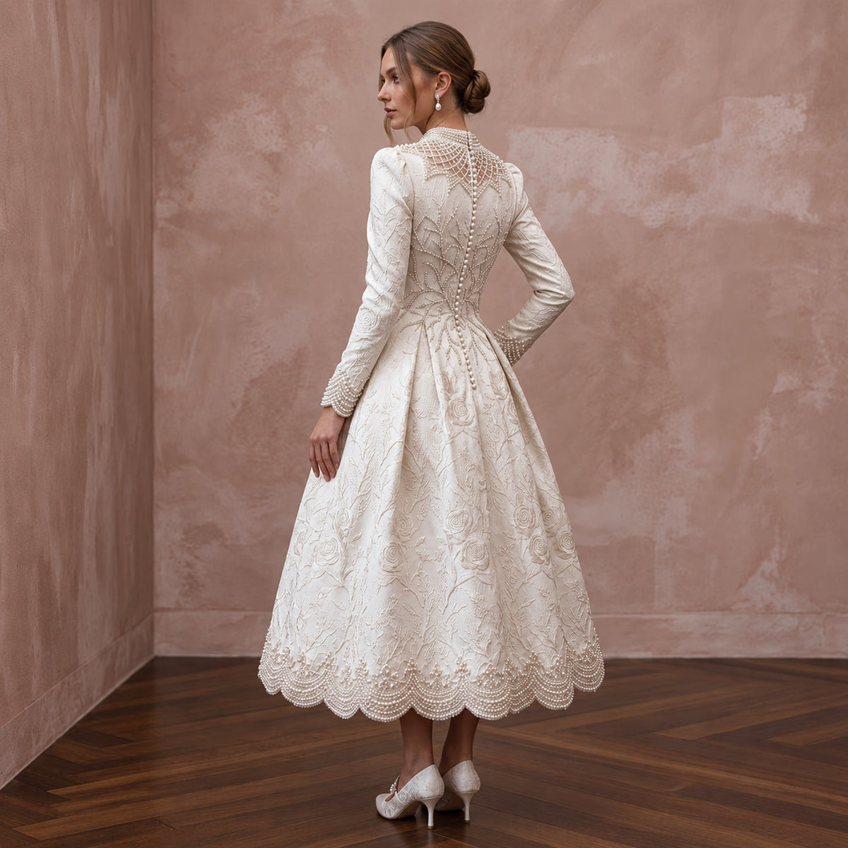 Textured Off-White Brocade Tea-Length Bridal Gown for Winter Rehearsal