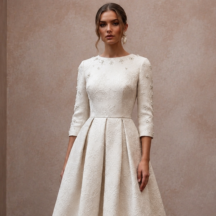 Textured Off-White Brocade Tea-Length for Winter Rehearsal