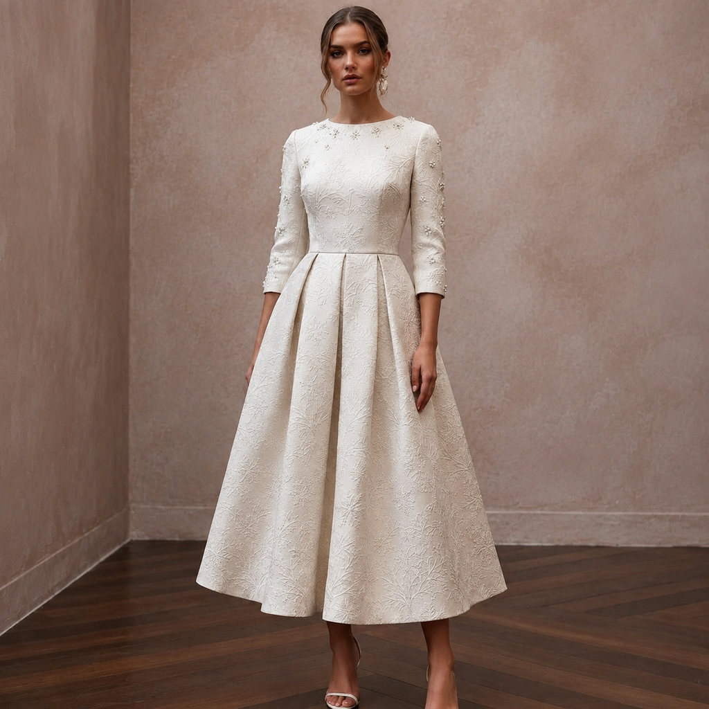 Textured Off-White Brocade Tea-Length for Winter Rehearsal